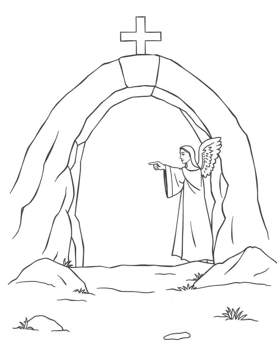 The empty tomb, with an angel pointing inside.