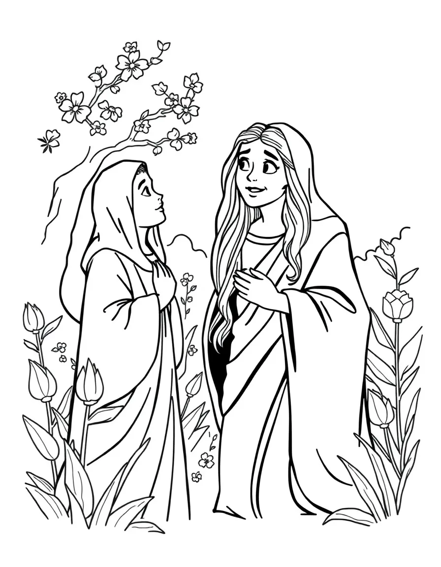 Mary Magdalene meeting Jesus in the garden, looking surprised and happy.