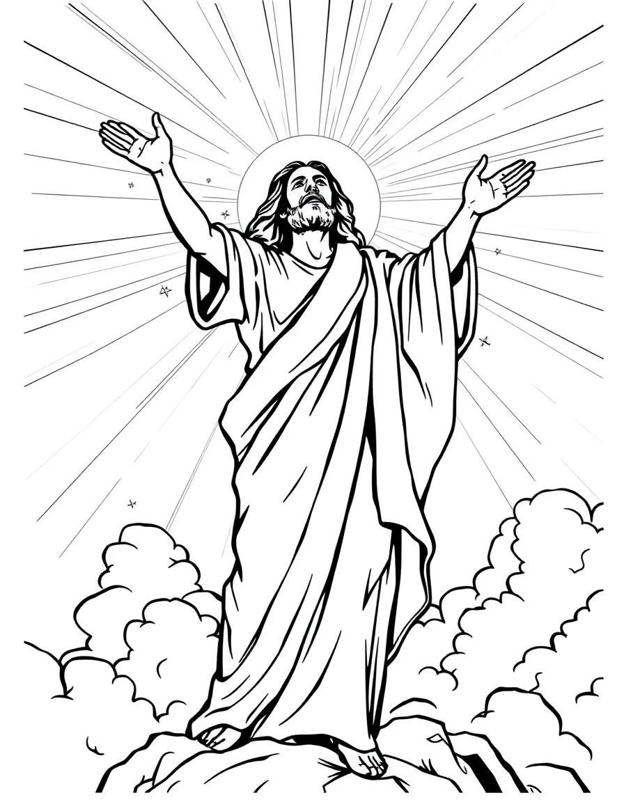 Jesus ascending to heaven, with a ray of light guiding him up.