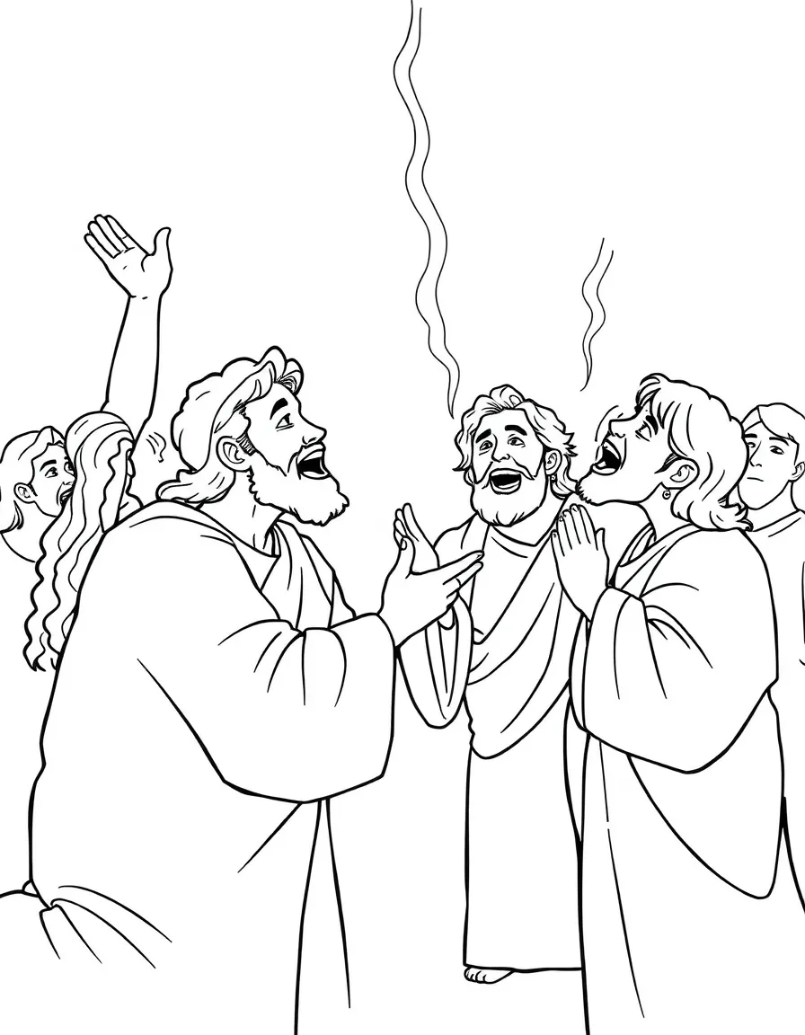 Disciples filled with the Holy Spirit, speaking with excitement.