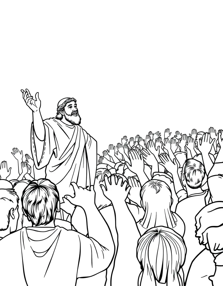 Peter preaching to a crowd, with people raising their hands in repentance.