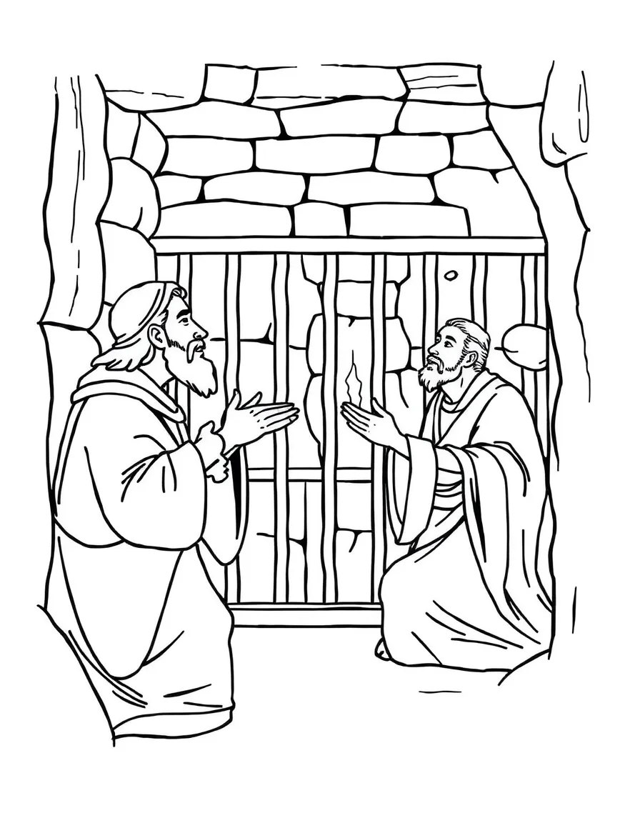 Paul and Silas singing in prison, with the jailer listening.