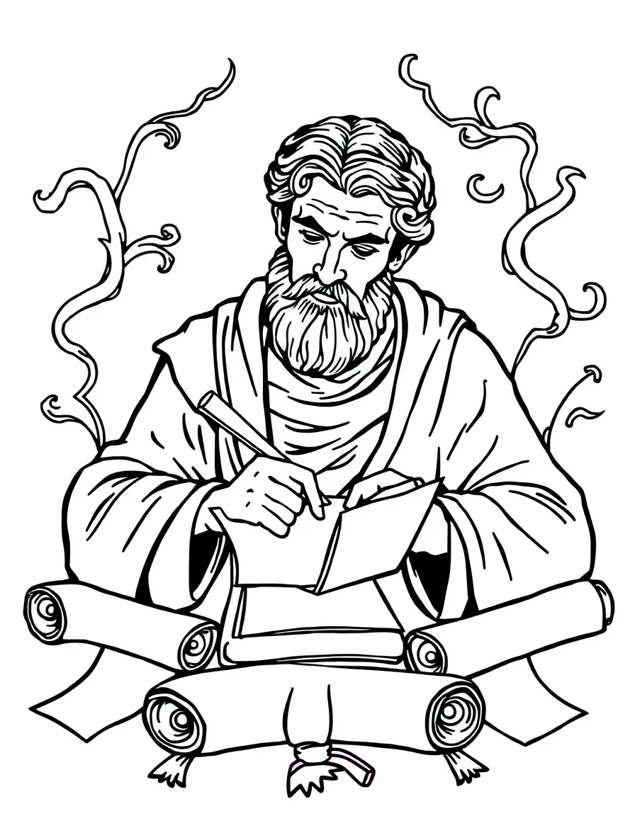 Paul writing his letters, surrounded by scrolls.