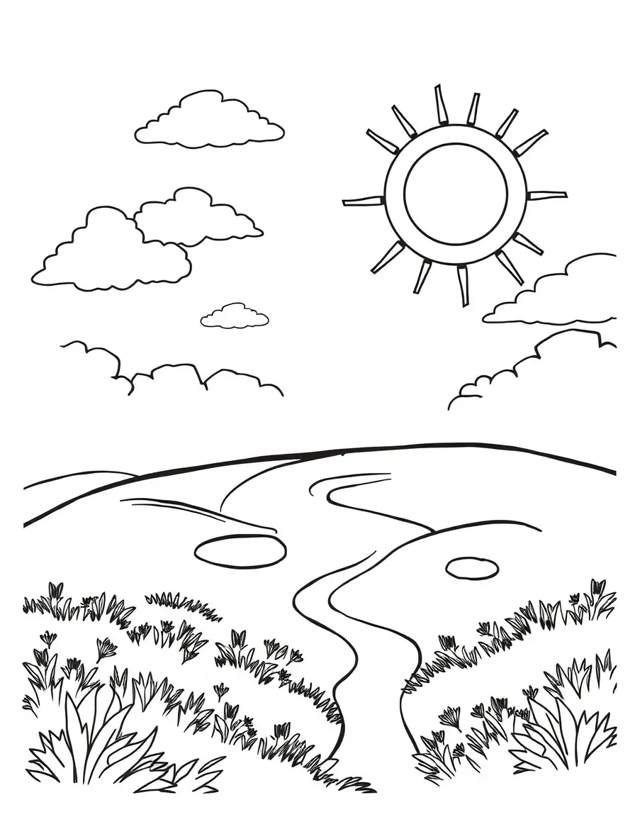 The creation of Earth, with a sunny sky and green land.