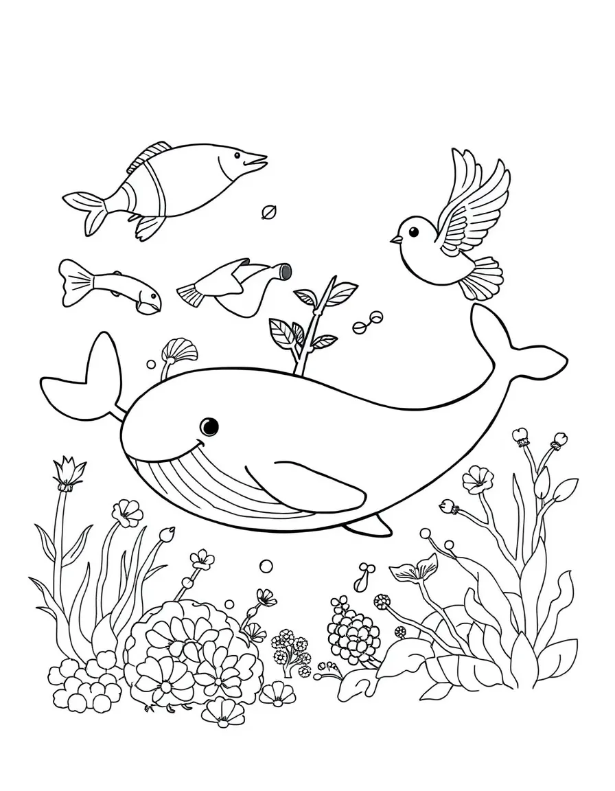 The creation of fish and birds, with a happy whale and a singing bird.