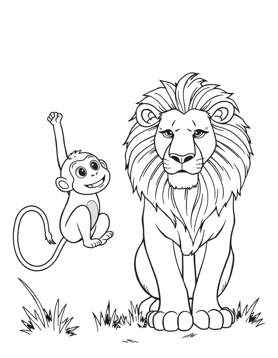 The creation of land animals, with a playful monkey and a majestic lion.