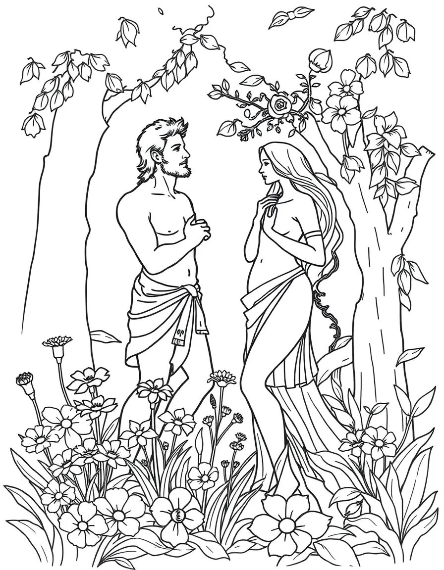 Adam and Eve in the Garden, with flowers and trees.