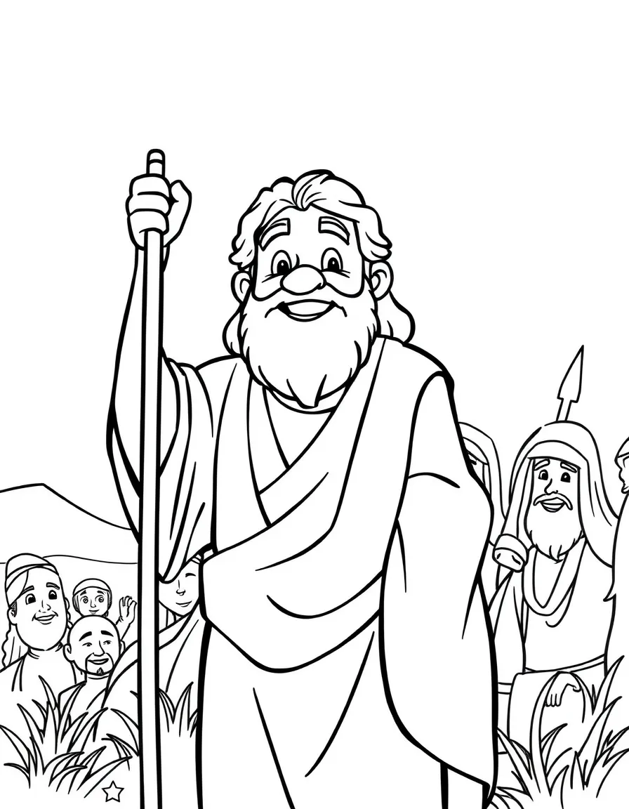 Moses leading the Israelites, with a happy expression.