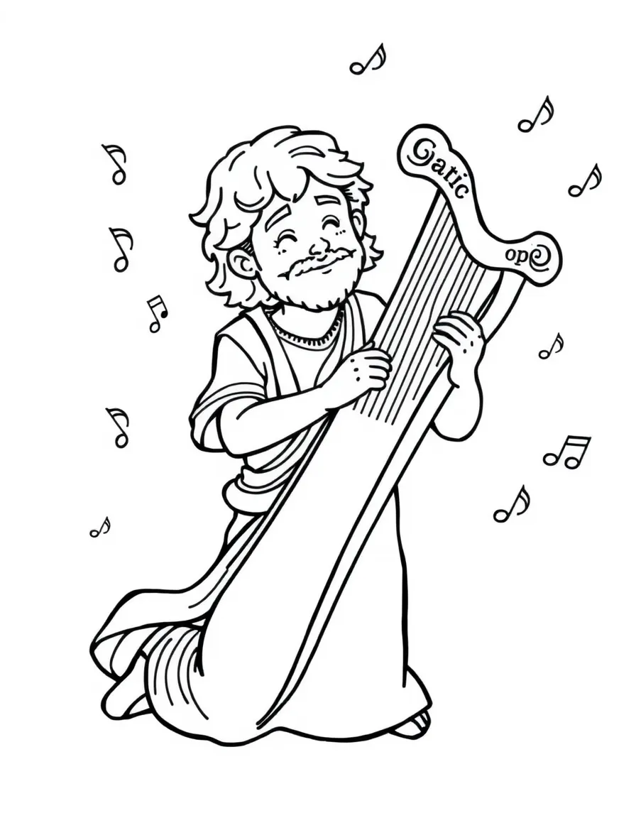 David playing his harp, with cheerful musical notes around him.
