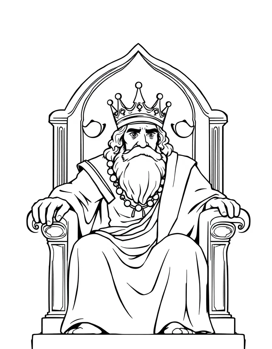 King Solomon on his throne, with a crown and a thoughtful look.