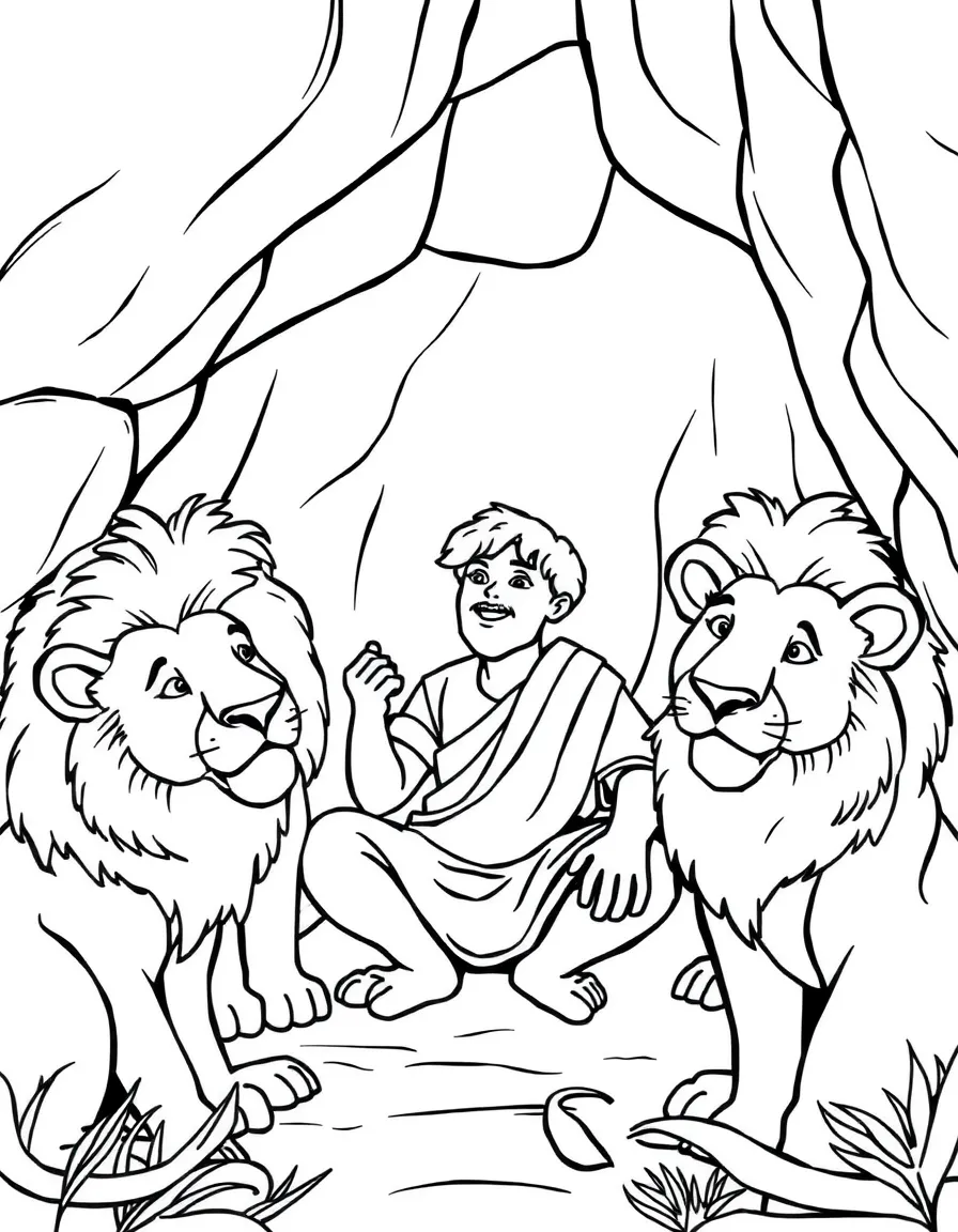 Daniel in the lion's den, surrounded by calm, friendly lions.