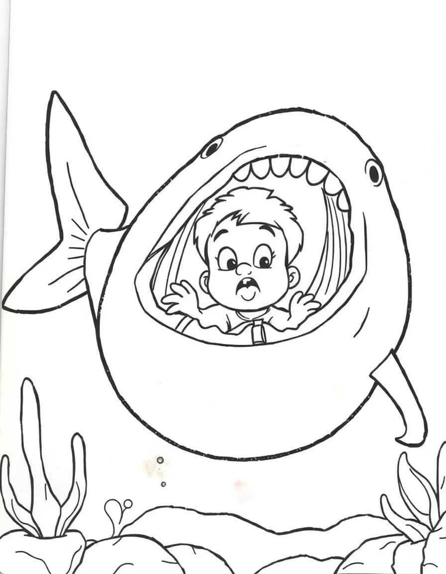 Jonah inside the big fish, looking surprised but safe.