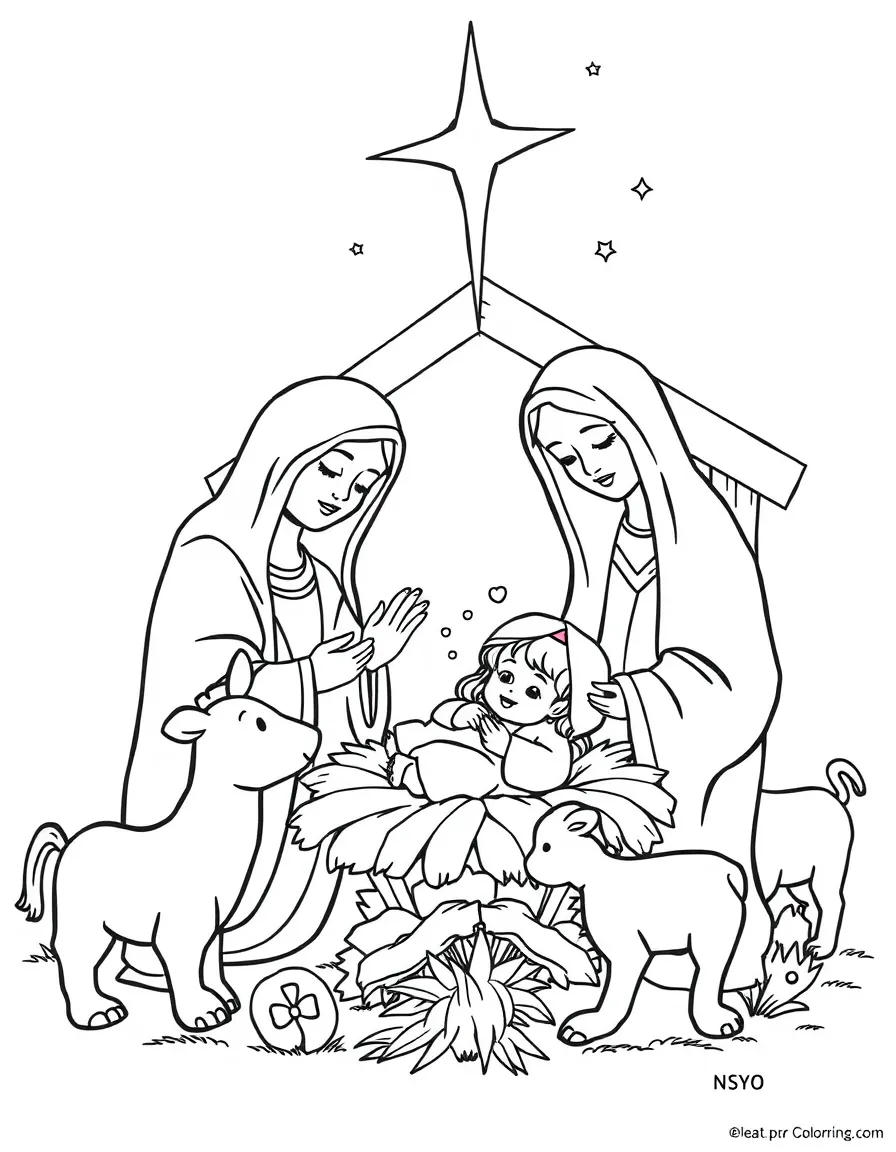 Baby Jesus in the manger, surrounded by Mary, Joseph, and animals.