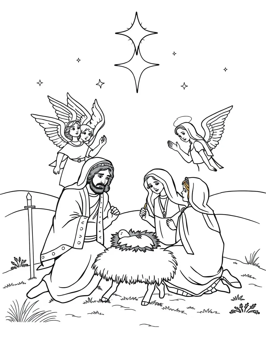 Shepherds and angels, with angels singing "Glory to God."