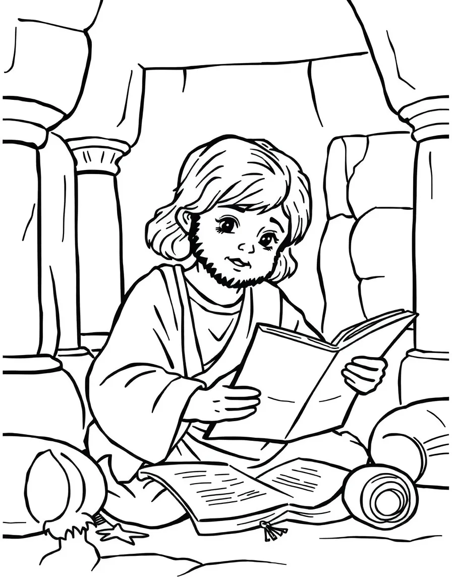 Young Jesus learning in the temple, with scrolls around him.