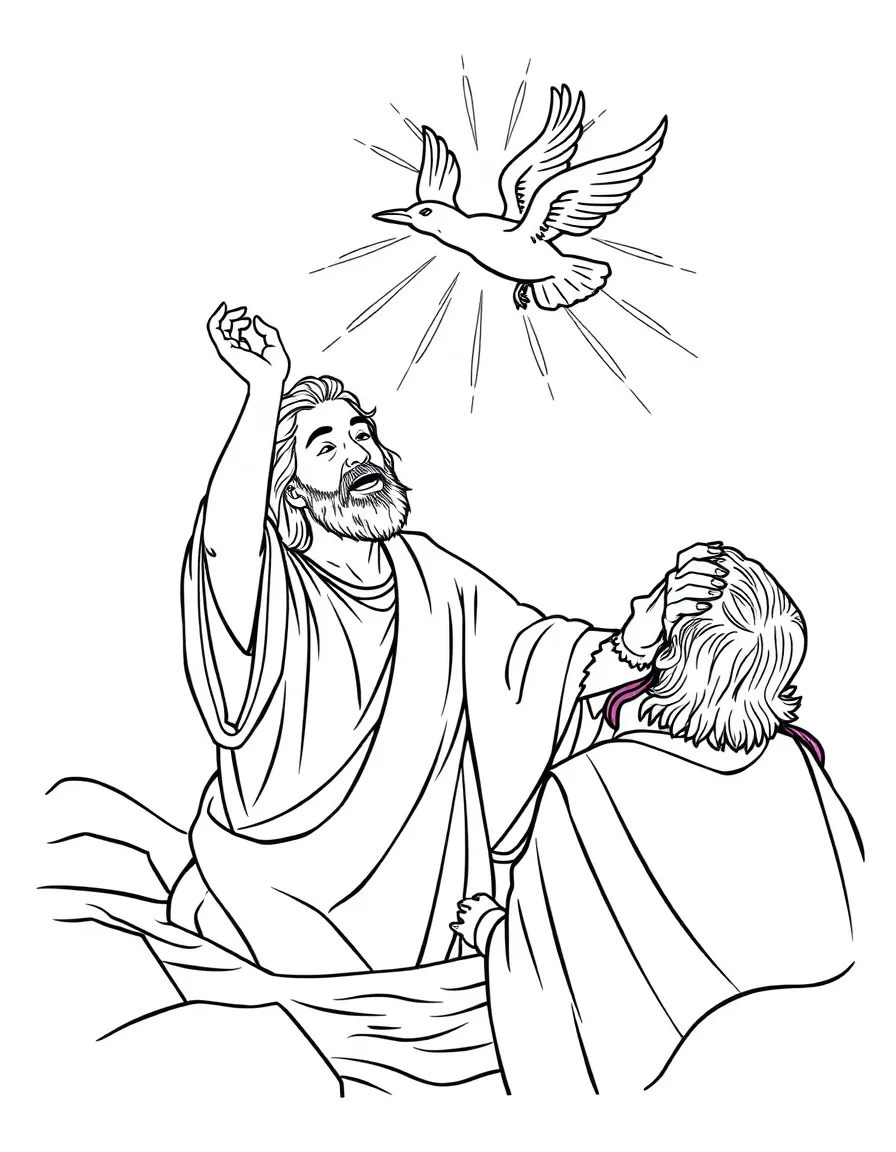 Jesus being baptized, with a dove flying down from heaven.