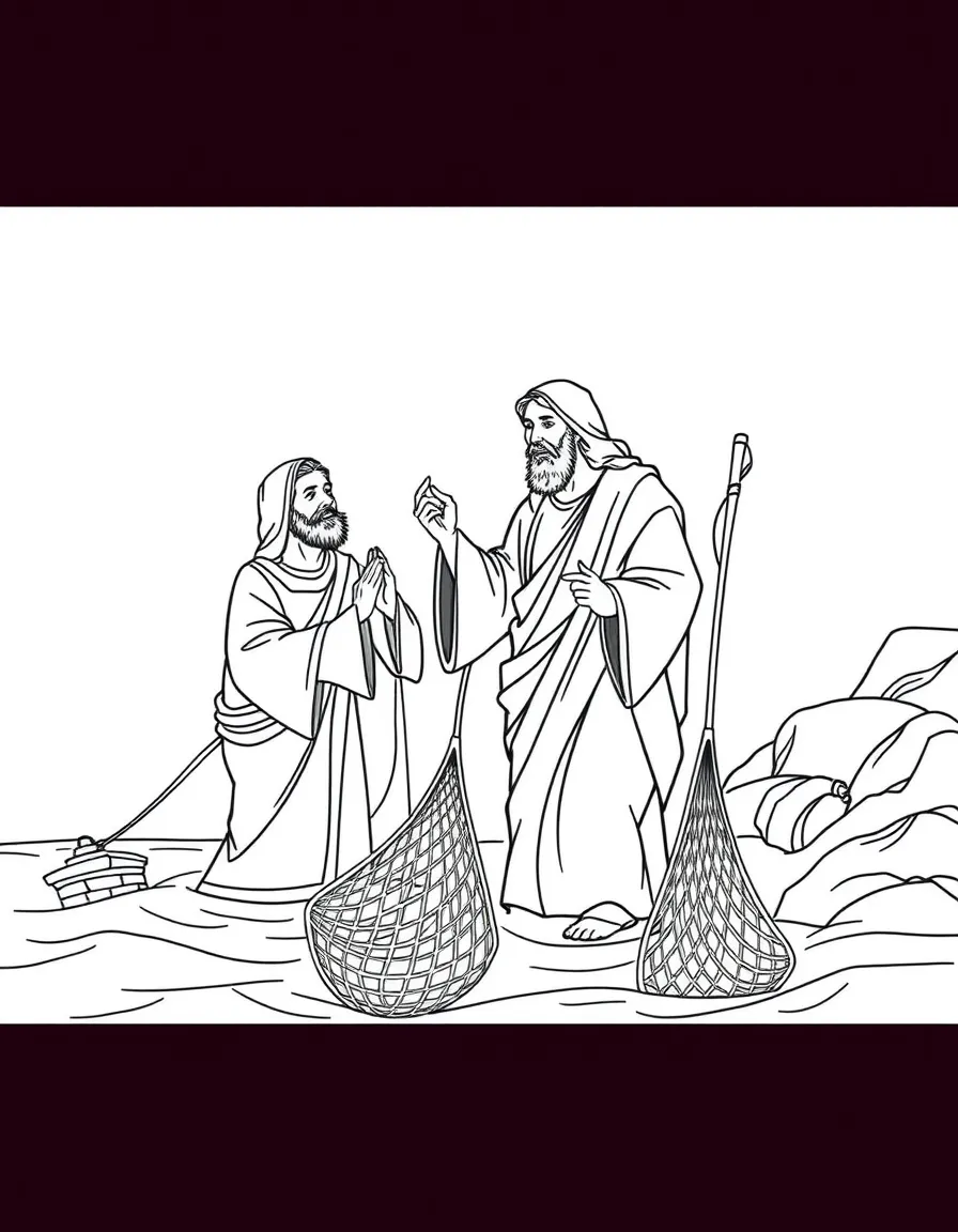 Jesus calling his first disciples, with fishing nets in the water.