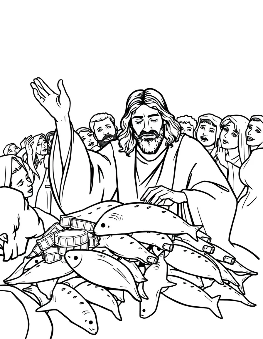 Jesus feeding the five thousand, with a pile of bread and fish.