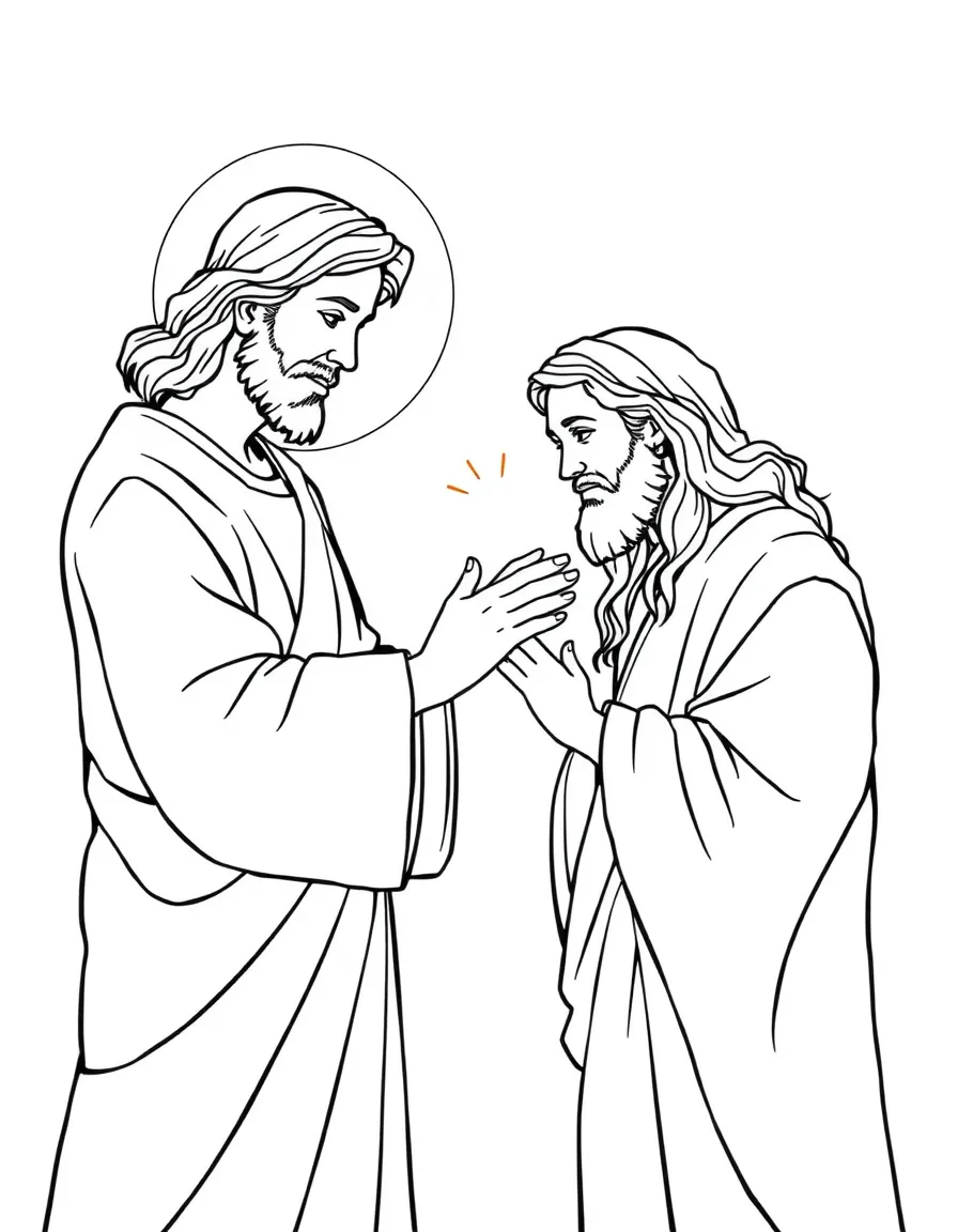 Jesus healing a person, with light shining from his hands.