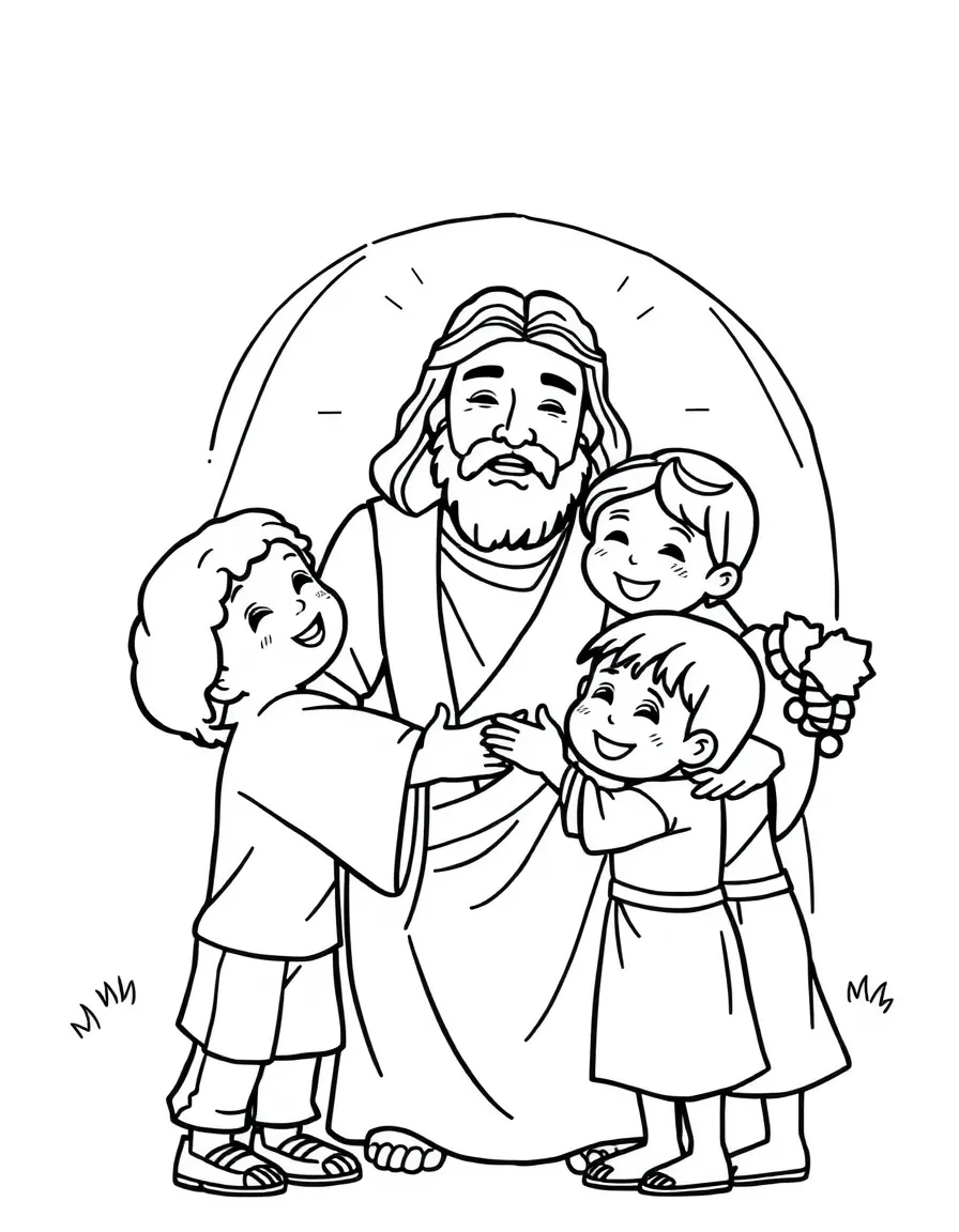 Jesus welcoming children, with them smiling and hugging him.