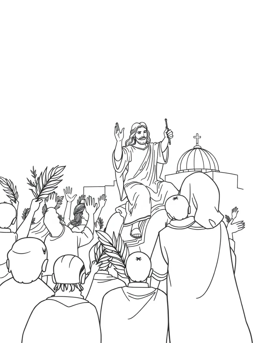 Jesus riding into Jerusalem, with people waving palm branches enthusiastically.