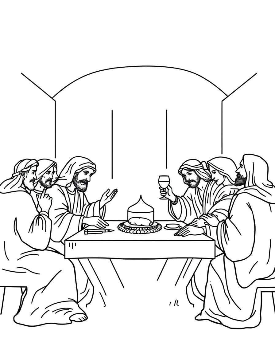 The Last Supper, with Jesus sharing bread and wine with his disciples.