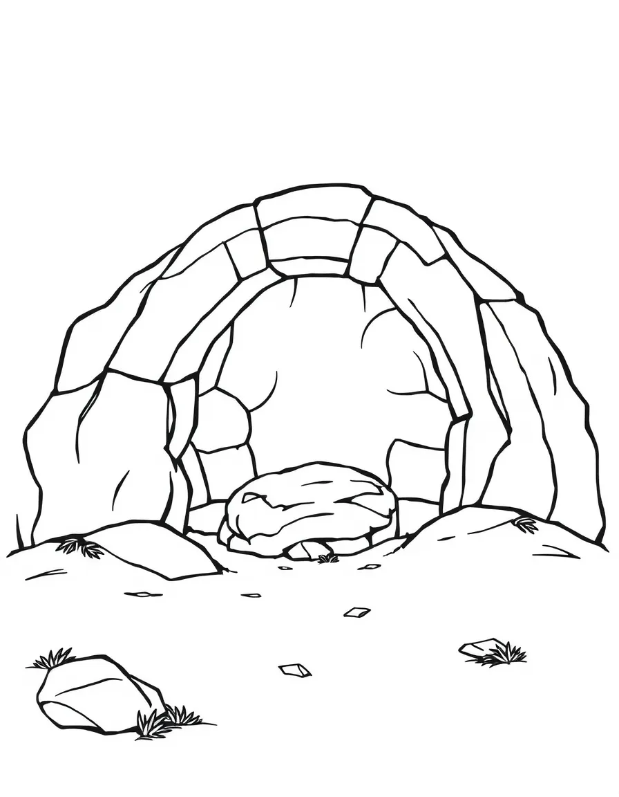 The empty tomb, with the stone rolled away and light shining from inside.