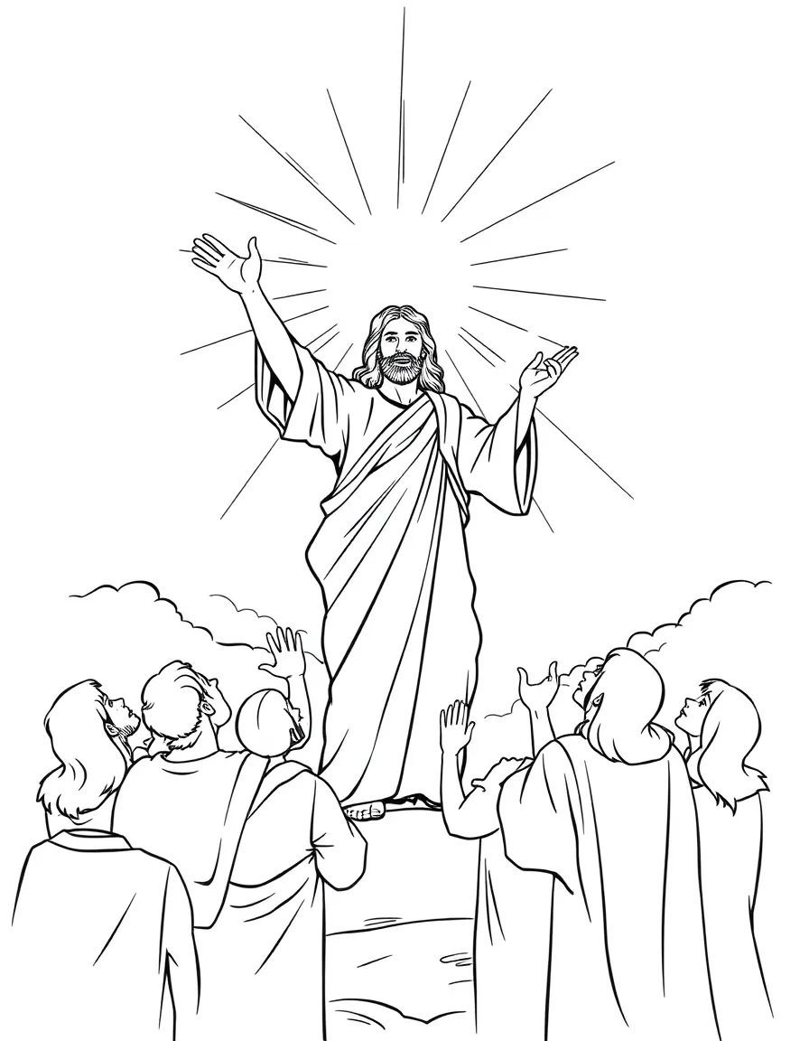 Jesus ascending into heaven, with disciples looking up and waving.