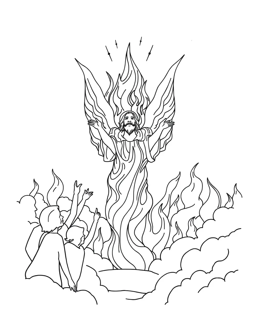 The Holy Spirit coming at Pentecost, with colorful flames.