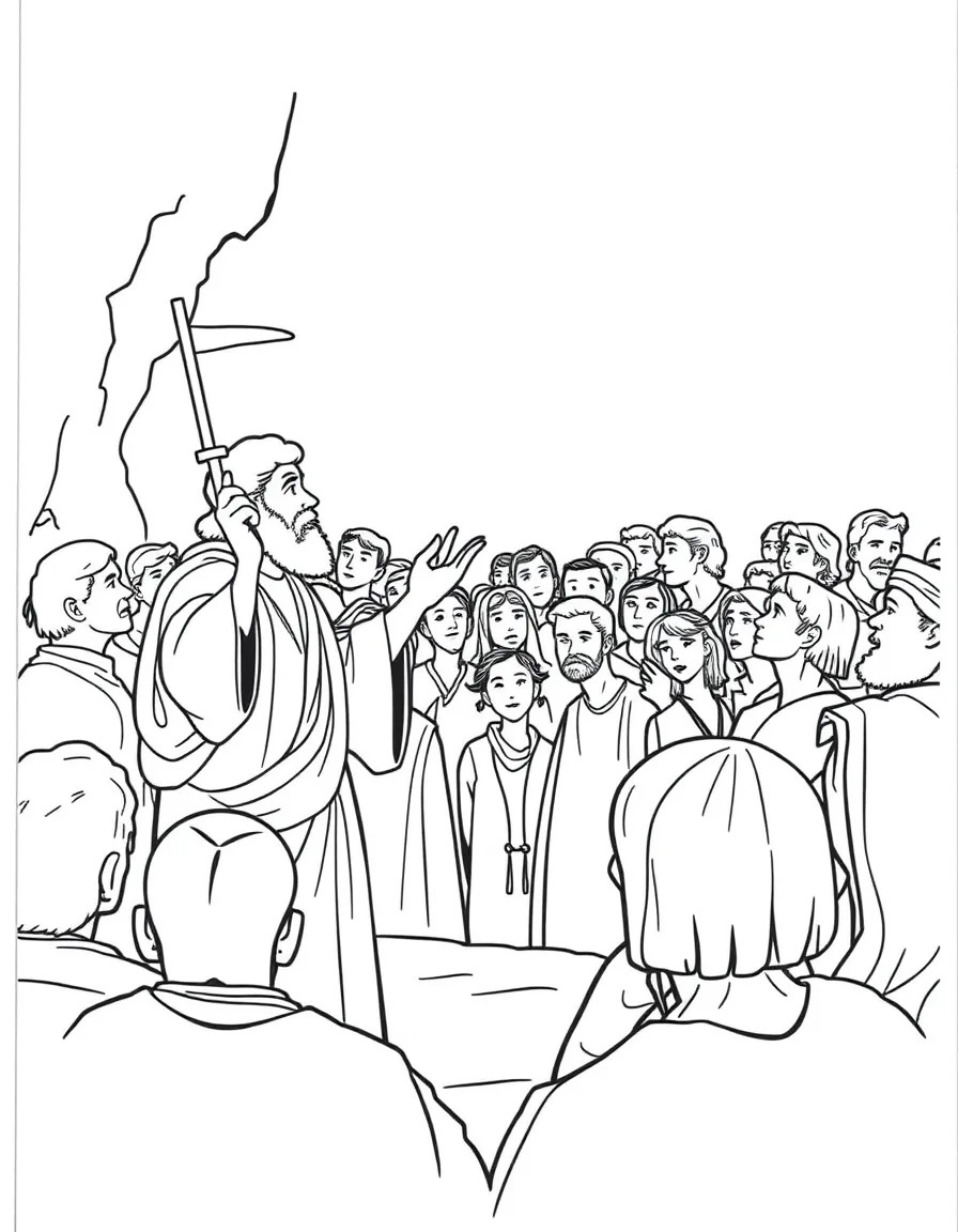 Peter preaching the good news, with many people listening.