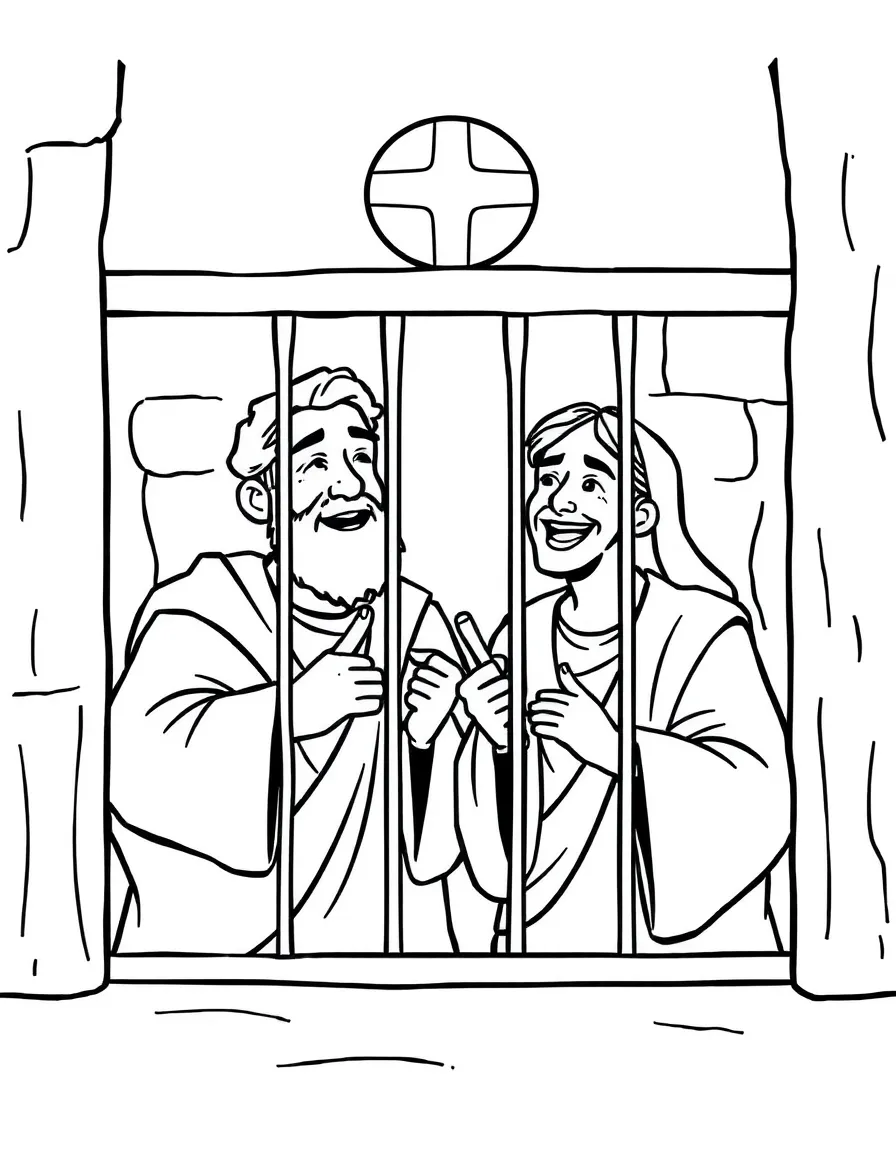 Paul and Silas singing in prison, with a happy, peaceful look.