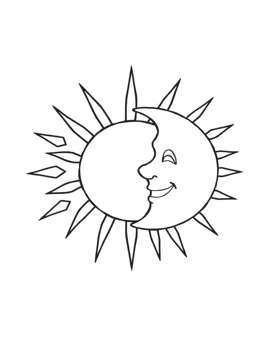 The creation of light and darkness, with a sun and moon smiling.
