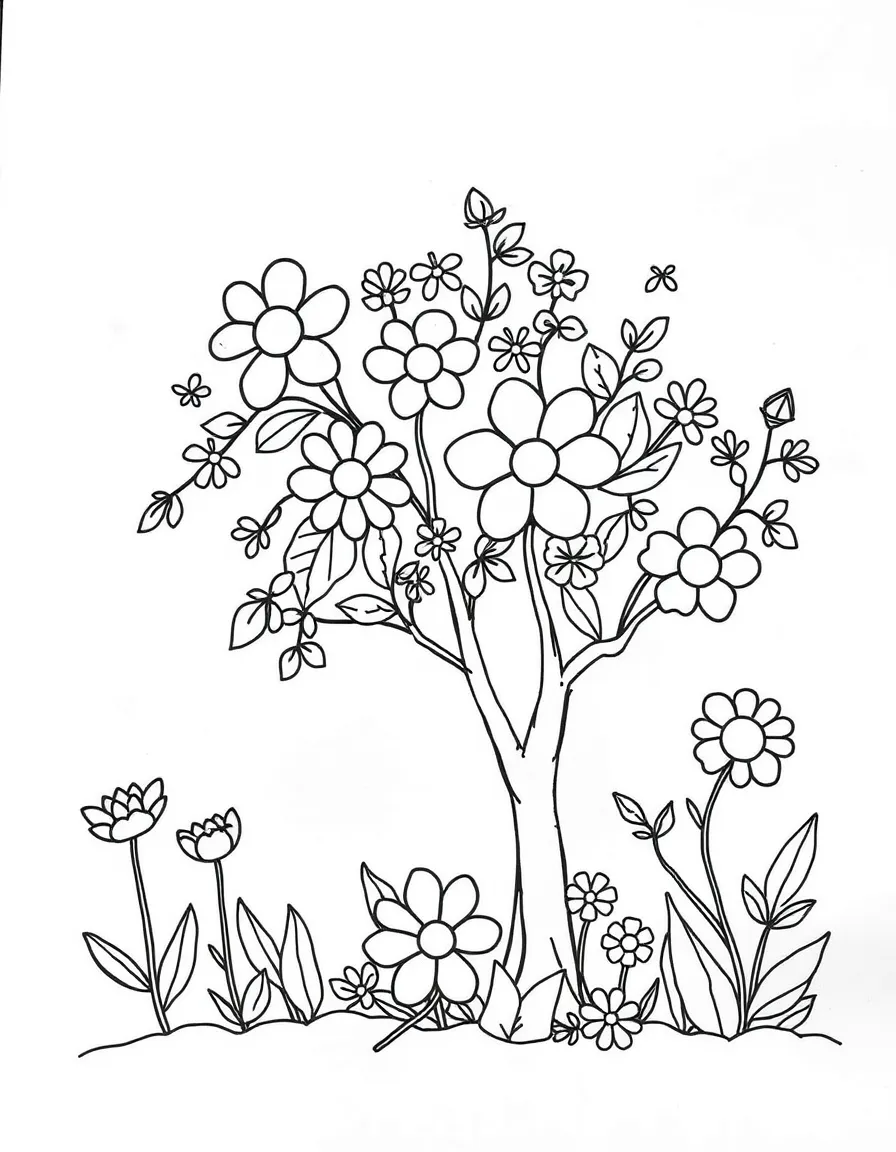 The creation of plants and trees, with colorful flowers and happy leaves.