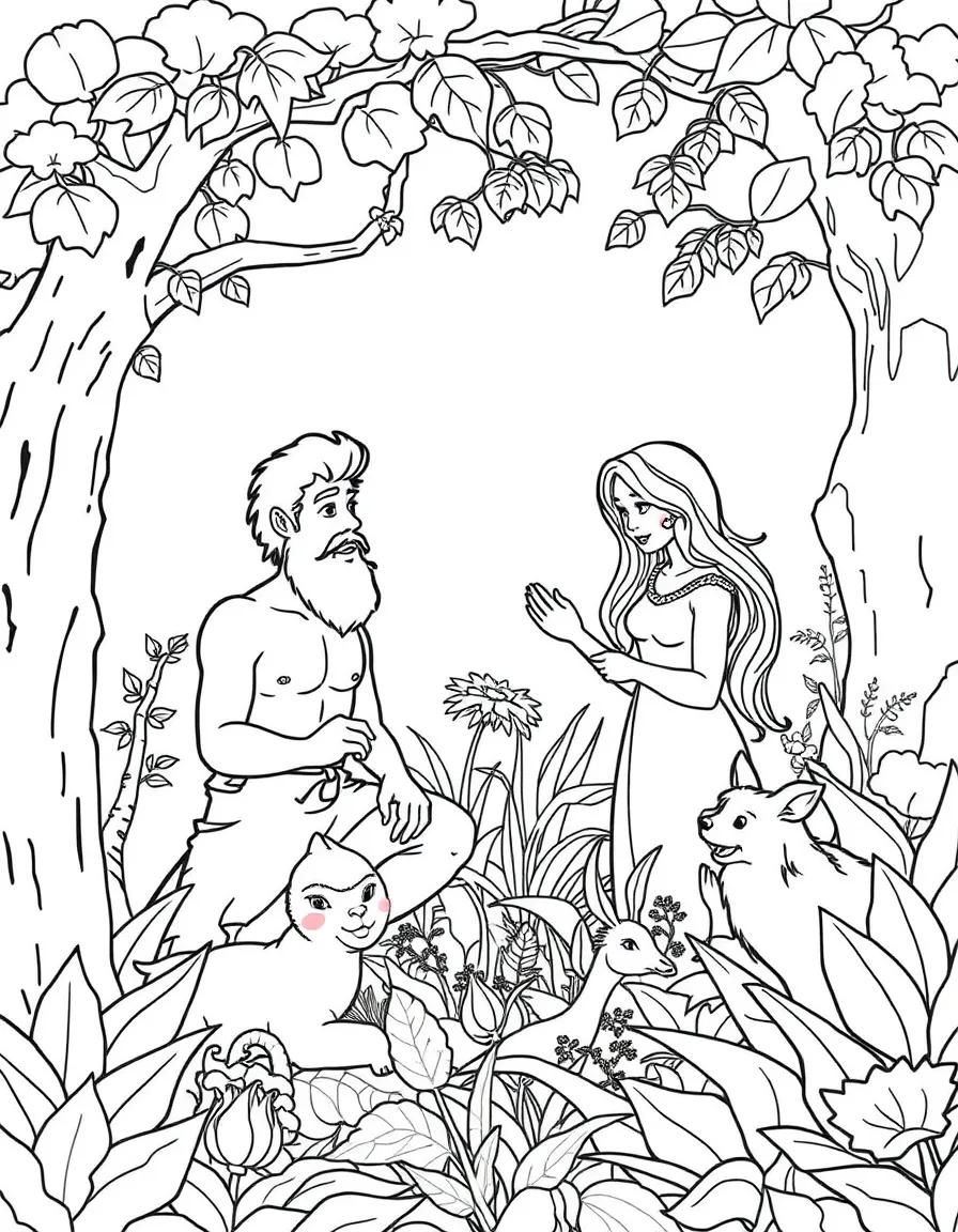 Adam and Eve in the Garden, with friendly animals surrounding them.