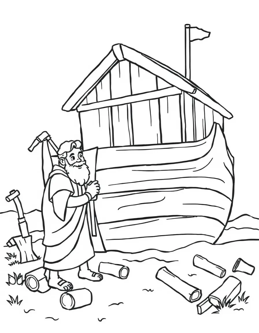 Noah building the ark, with wooden planks and hammers.