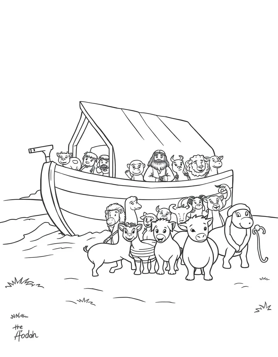 Noah leading animals into the ark, with a long line of happy creatures.