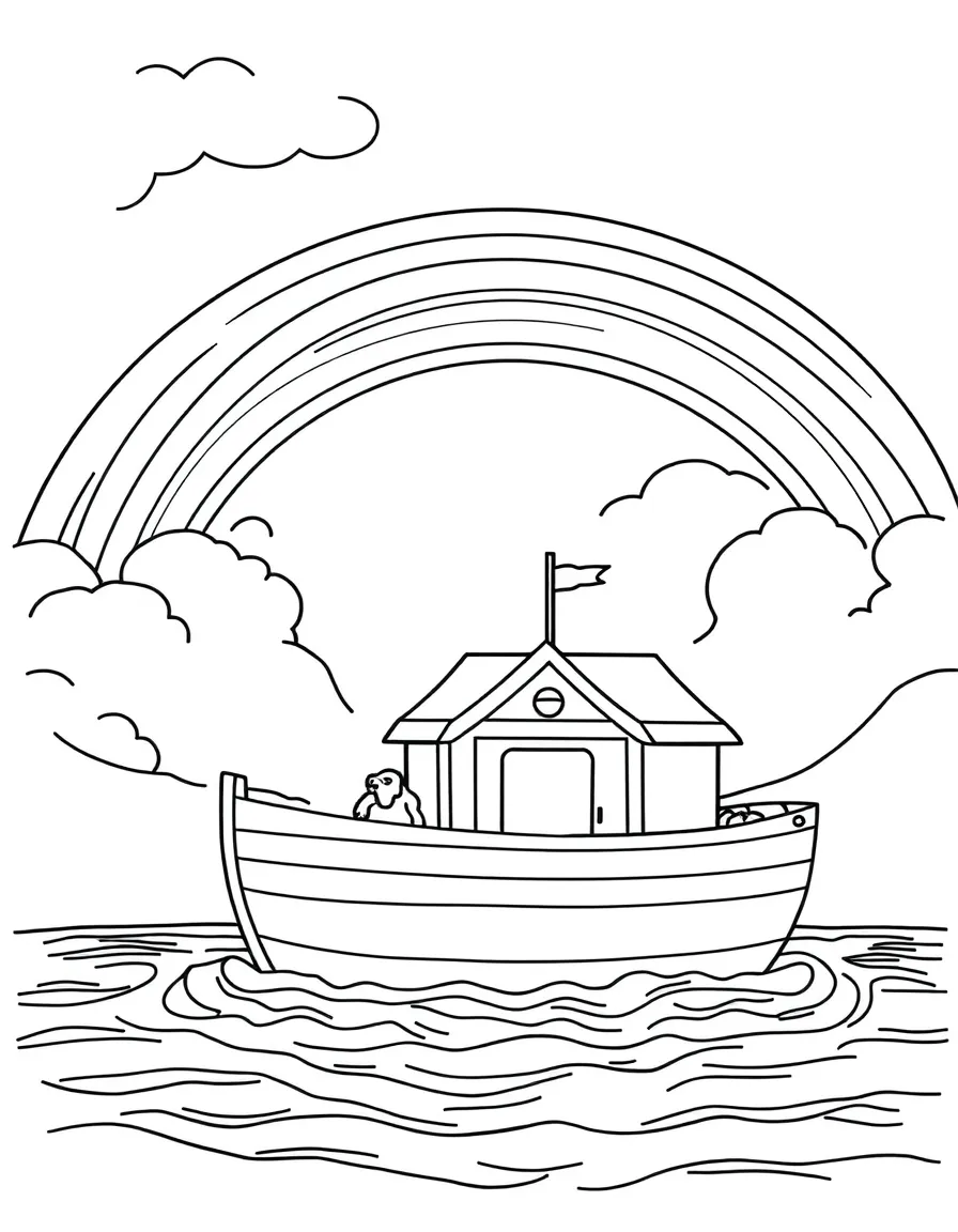 The ark floating on water, with a beautiful rainbow in the sky.