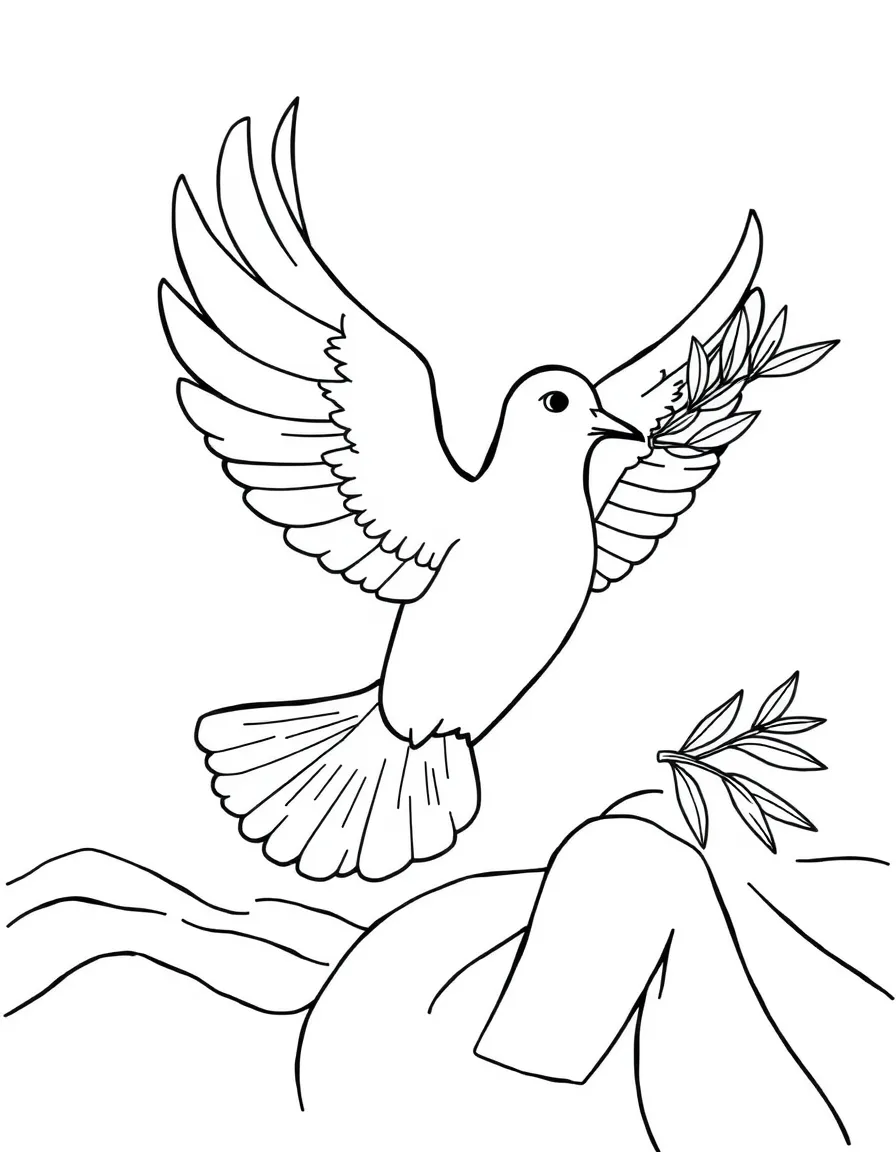 Noah releasing a dove, with a green olive branch in its beak.