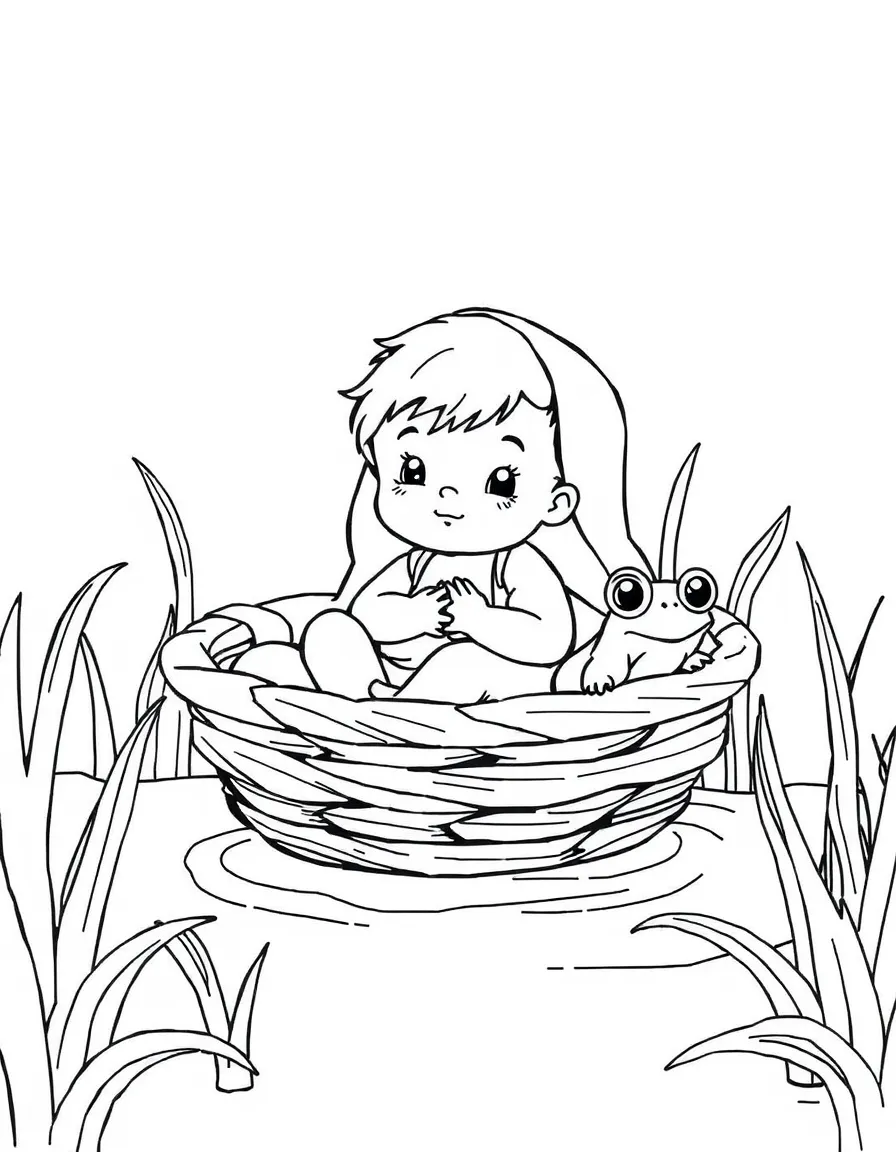 Baby Moses in a basket, floating among reeds, with a curious frog.