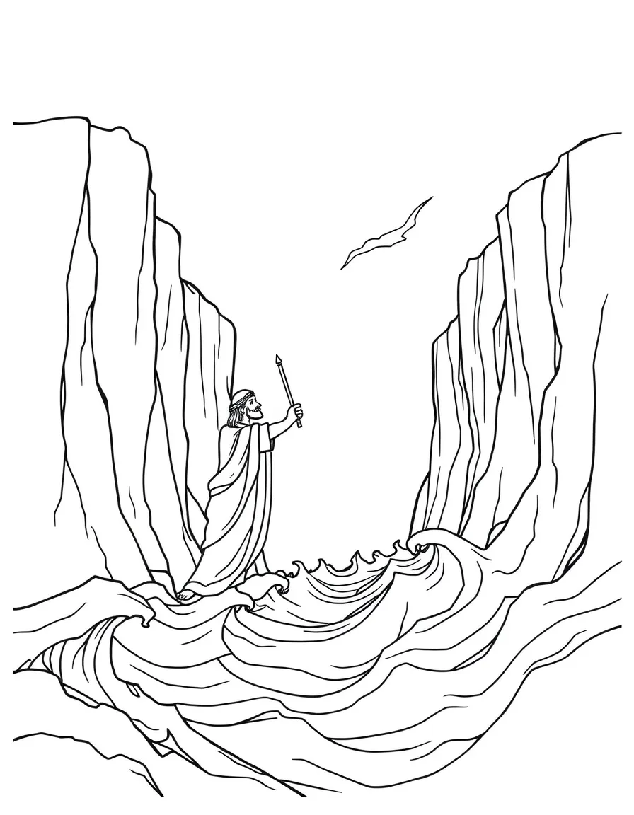 Moses parting the Red Sea, with tall walls of water.