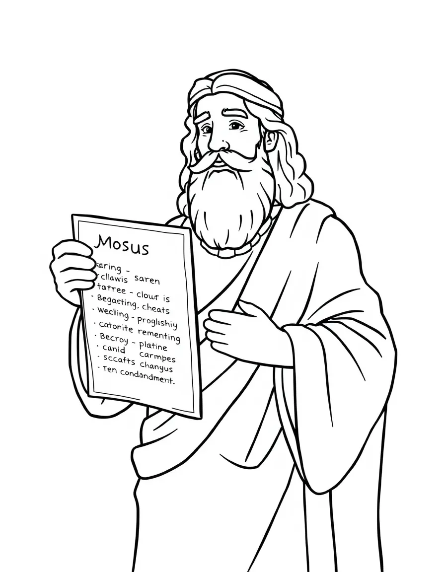 Moses holding the Ten Commandments, looking wise and kind.