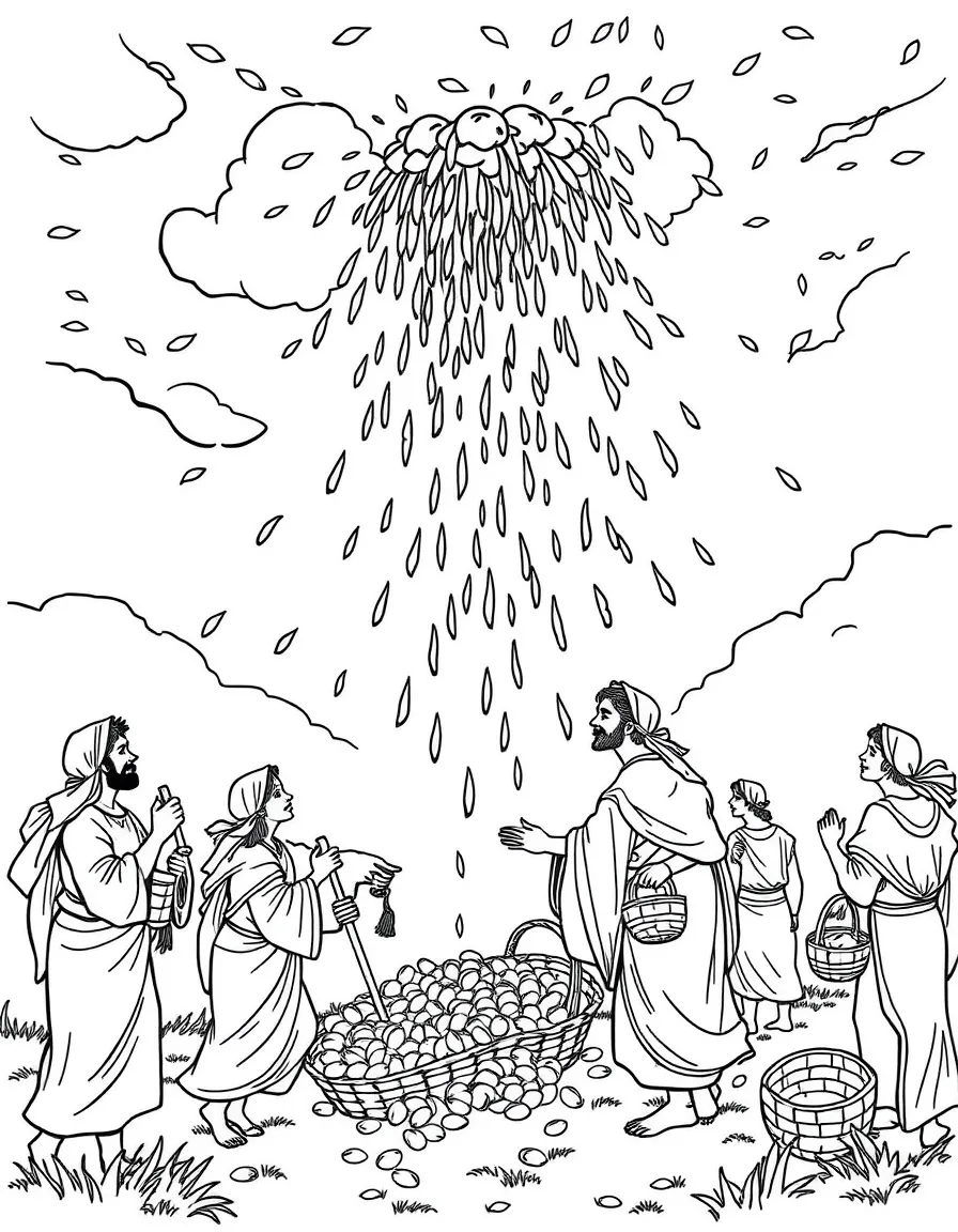 Manna falling from the sky, with people collecting it in baskets.