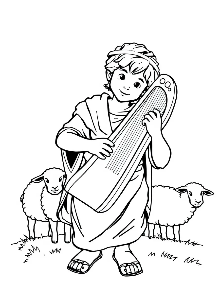 David as a shepherd boy, playing his harp for his sheep.