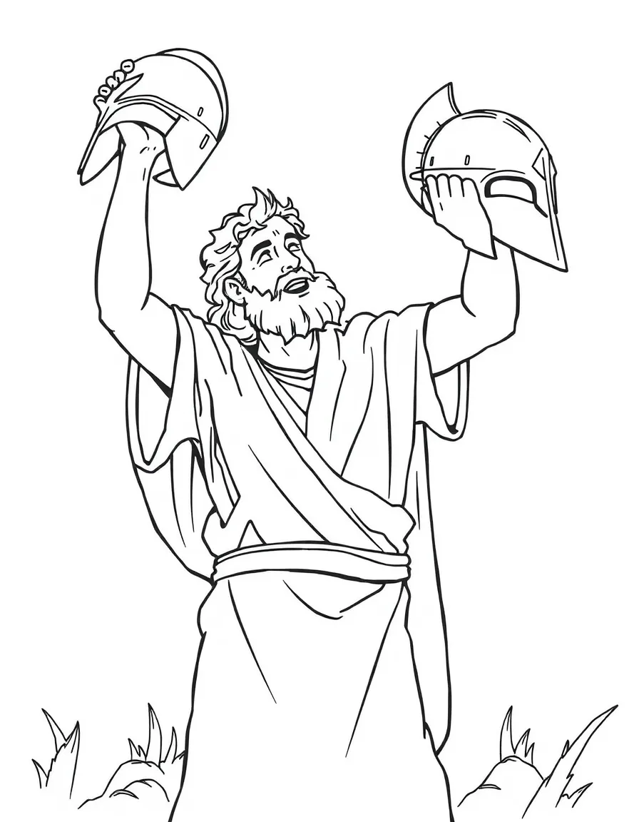 David celebrating his victory over Goliath, holding the giant's helmet.