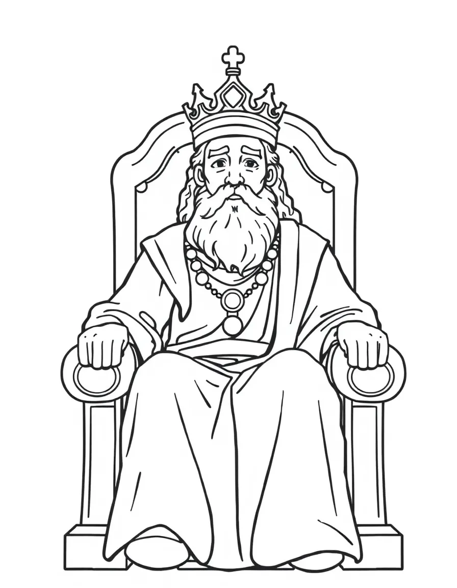 King Solomon on his throne, looking thoughtful and wise.