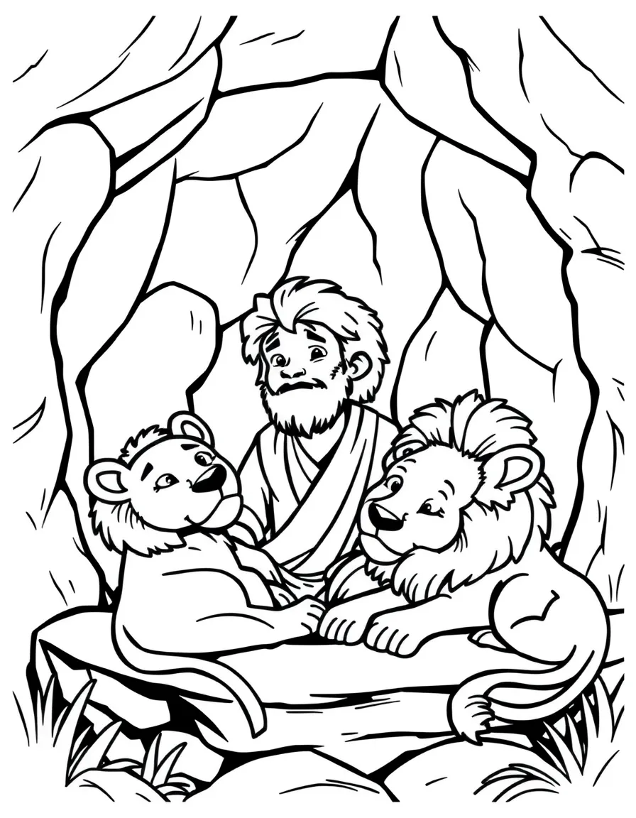 Daniel in the lion's den, with friendly lions resting around him.