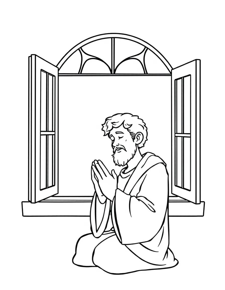 Daniel praying, with an open window and a peaceful expression.