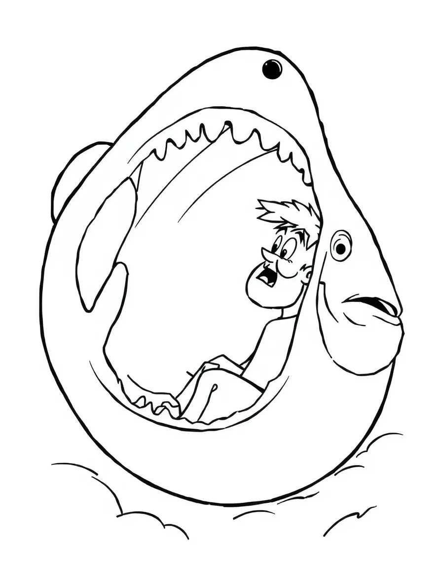 Jonah in the belly of the big fish, looking surprised.