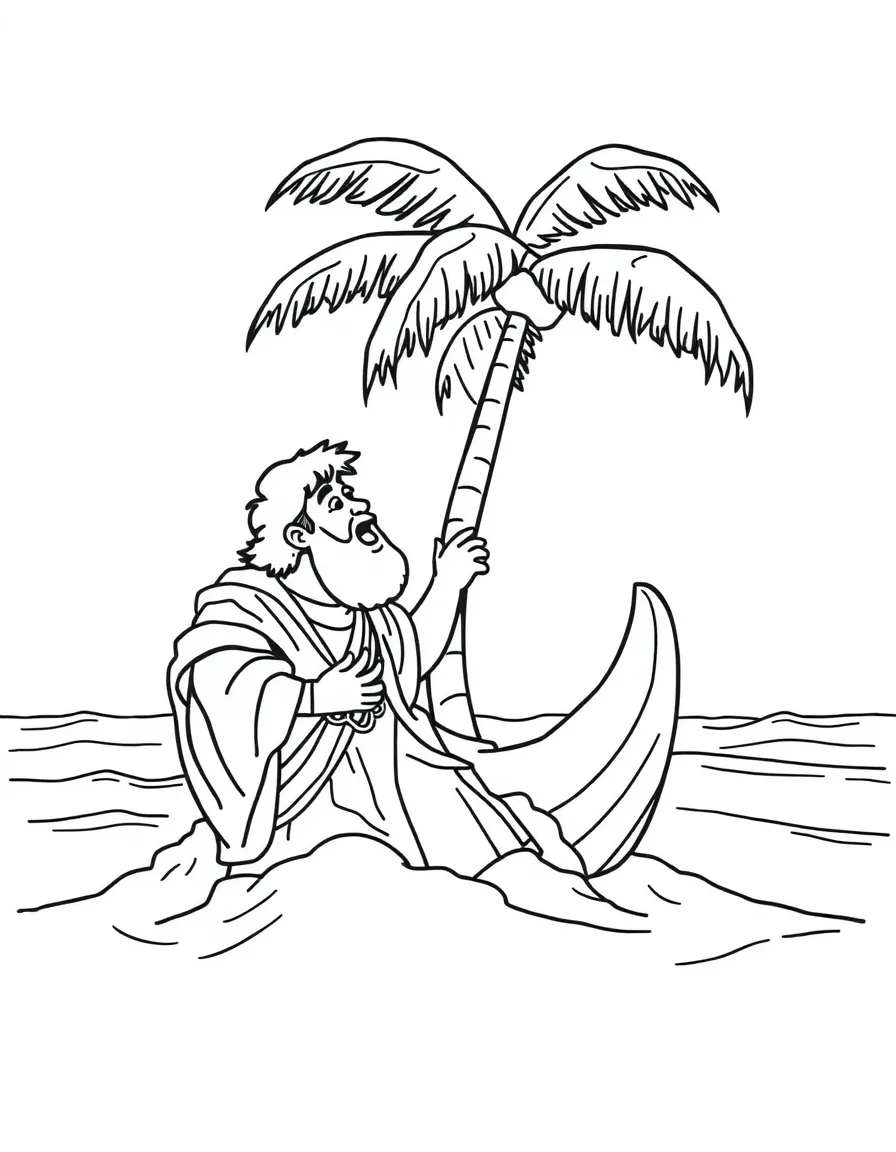 Jonah being spit out onto dry land, near a palm tree.