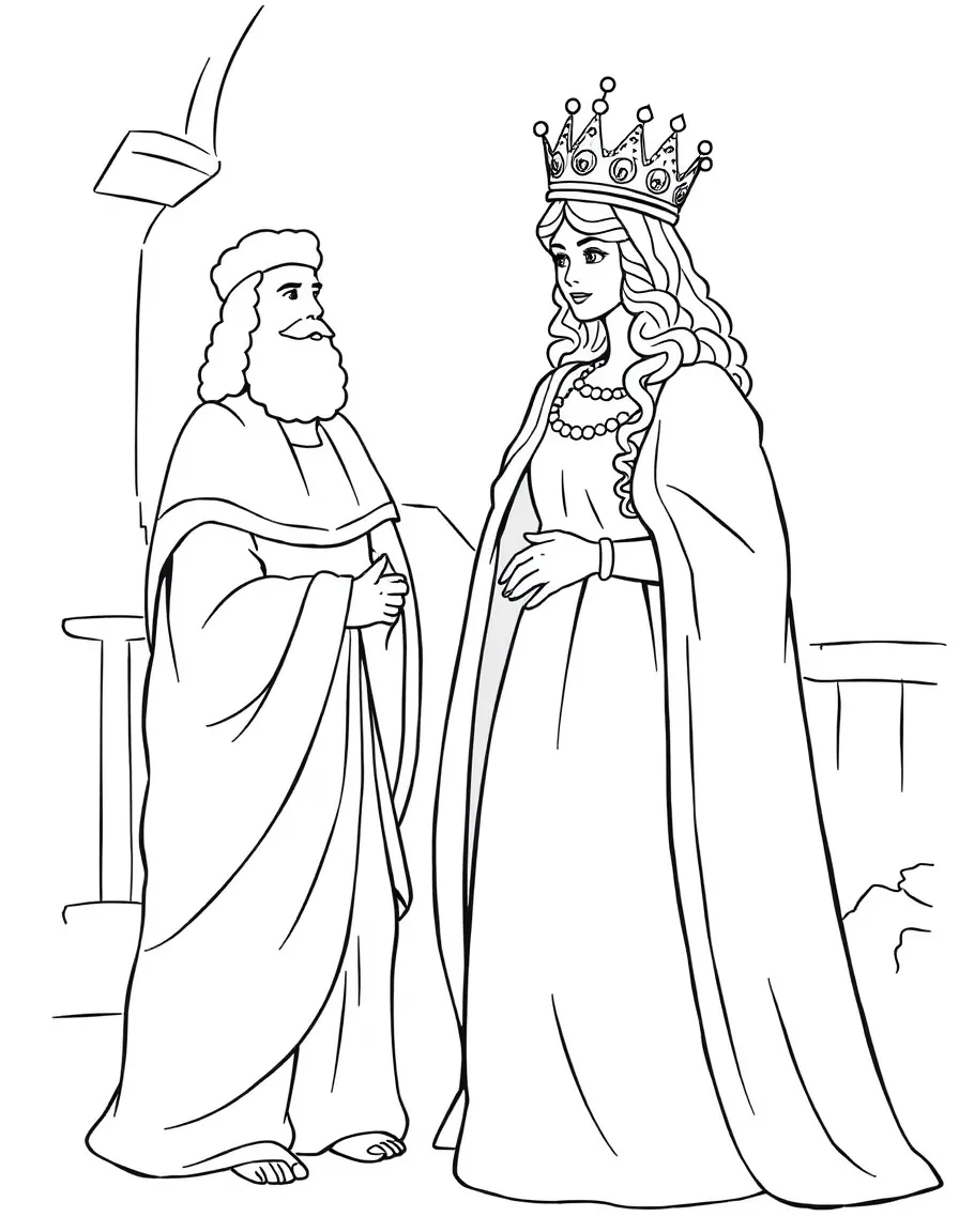 Queen Esther beautifully dressed, standing before the king.